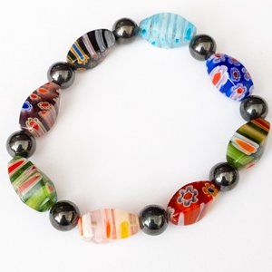 Millefiori Rainbow Beaded Elastic Bracelet Boho Multi Colour Floral Italian Bead